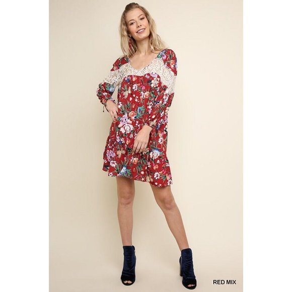 Umgee Dress Floral Print Puff Sleeve Lace Medium - Picture 3 of 4